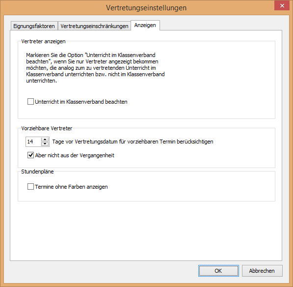 Vertretungseinstellungen, Register